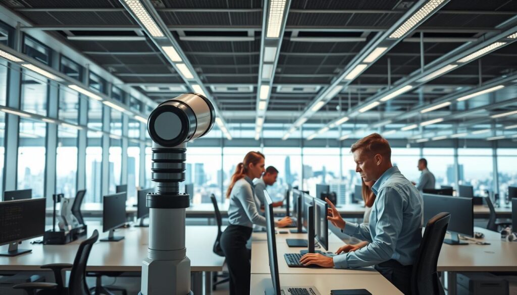 A sleek, modern office interior with rows of workstations and computer screens, bathed in soft, natural lighting. In the foreground, a robotic arm efficiently performs a repetitive task, its movements precisely choreographed. In the middle ground, employees collaborate seamlessly, their expressions focused yet relaxed, as they interact with intuitive, AI-powered interfaces. The background reveals a panoramic view of a bustling city skyline, symbolizing the scale and interconnectedness of the banking industry's digital transformation. The overall scene conveys a sense of streamlined efficiency, technological integration, and a future-focused, innovative approach to banking operations.