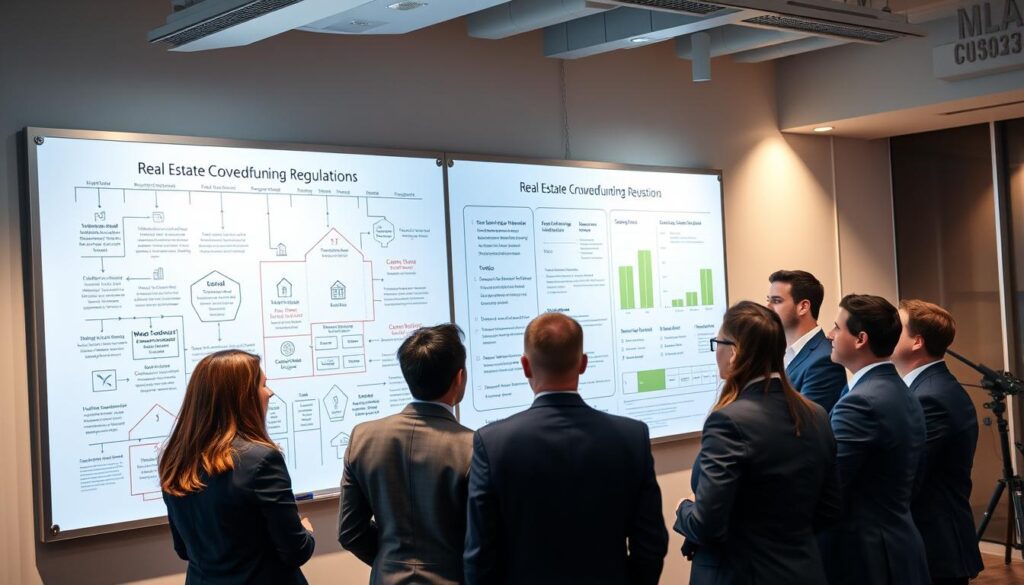 A sleek, modern office space with a large whiteboard displaying intricate diagrams and charts related to real estate crowdfunding regulations. A group of business professionals gathered around, engaged in a lively discussion, their expressions conveying a sense of focused collaboration. Warm, directional lighting illuminates the scene, creating a sense of professionalism and authority. The overall atmosphere suggests a secure, well-regulated environment for real estate investment opportunities. A sleek, modern office space with a large whiteboard displaying intricate diagrams and charts related to real estate crowdfunding regulations. A group of business professionals gathered around, engaged in a lively discussion, their expressions conveying a sense of focused collaboration. Warm, directional lighting illuminates the scene, creating a sense of professionalism and authority. The overall atmosphere suggests a secure, well-regulated environment for real estate investment opportunities.
