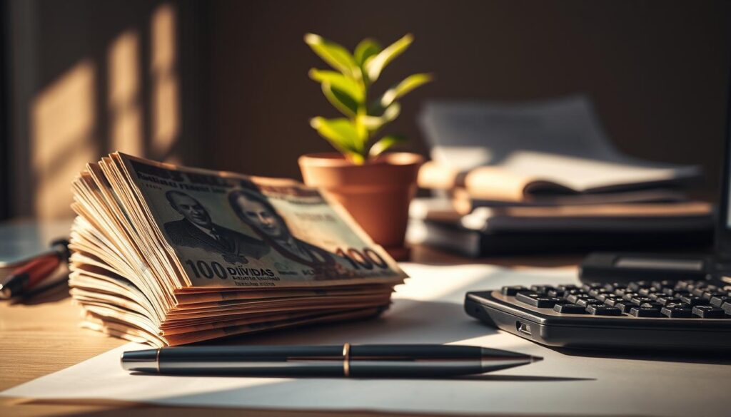 Uma pilha de notas projeta longas sombras sobre uma mesa organizada. As notas estão gastas e desgastadas, uma representação tangível do fardo financeiro das dívidas. A iluminação é quente e suave, criando uma atmosfera contemplativa. Em primeiro plano, uma caneta e uma calculadora permanecem inativas, simbolizando a necessidade de um planejamento financeiro cuidadoso. Ao fundo, um vaso de planta representa um vislumbre de esperança em meio aos desafios financeiros. O fundo desfocado permite que o foco permaneça nos elementos centrais: as notas, as ferramentas de gestão financeira e o raio de otimismo. Esta imagem captura a essência de metas financeiras realistas para o próximo ano, um equilíbrio entre responsabilidade e aspiração.
