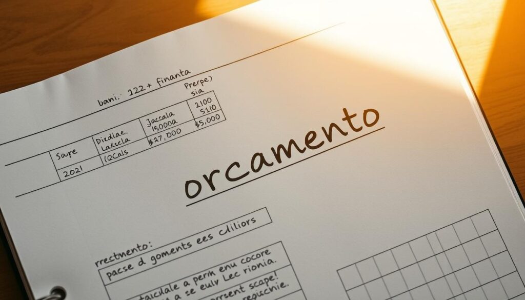 Uma vista estilizada, de cima, de um livro-razão detalhado de finanças pessoais, destacando a seção de "orçamento". A página é iluminada por uma luz natural suave, criando uma atmosfera acolhedora e focada. 