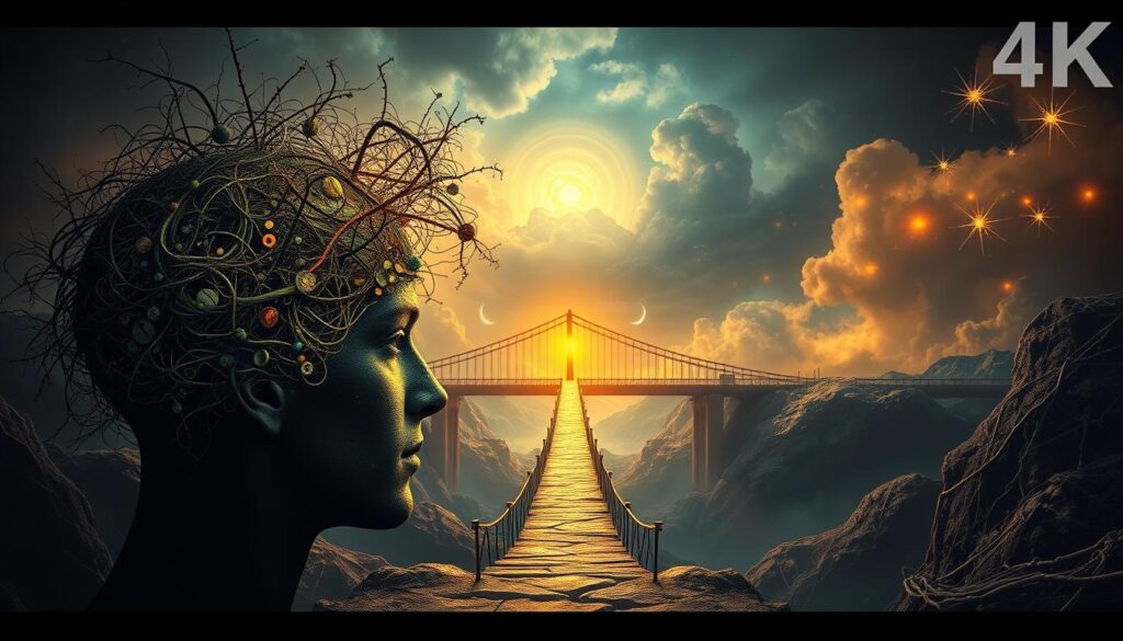 Uma paisagem surreal de reestruturação cognitiva. Em primeiro plano, a mente de uma pessoa é representada por uma teia emaranhada de pensamentos e crenças, com velhas narrativas sendo desmontadas e novas, mais fortalecedoras, surgindo. O plano intermediário mostra uma ponte, simbolizando a transição de velhos para novos modos de pensar, iluminada por uma luz quente e dourada que lança um brilho esperançoso. O plano de fundo apresenta um ambiente abstrato e onírico, sugerindo o vasto potencial transformador desse processo mental. 