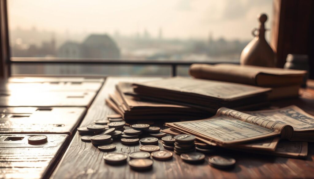 A tranquil scene of financial memories unfolds, captured in a soft, nostalgic light. In the foreground, antique ledgers, aged currency, and worn coins rest on a weathered wooden table, evoking the weight of history. The middle ground features abstract shapes and patterns, representing the ebb and flow of economic cycles. In the background, a muted cityscape fades into the distance, hinting at the ever-changing landscape of finance. The overall composition conveys a sense of contemplation, where the past informs the present, shaping the financial behaviors that will guide the future.