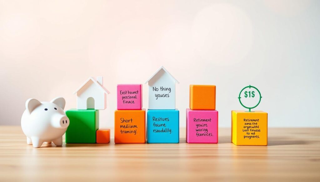 A vibrant collage of personal finance milestones set against a clean, minimalist backdrop. In the foreground, crisp icons and infographic elements represent short, medium, and long-term goals - a piggy bank, a house, and a retirement symbol. The middle ground features a geometric grid of colorful blocks, each containing handwritten notes about specific objectives. In the background, a soft, hazy gradient creates an aspirational, dreamlike atmosphere, inviting the viewer to envision their own journey towards financial sustainability. The lighting is warm and diffused, with a subtle depth of field that draws the eye inward. Overall, the composition conveys a sense of organization, progress, and attainable prosperity.