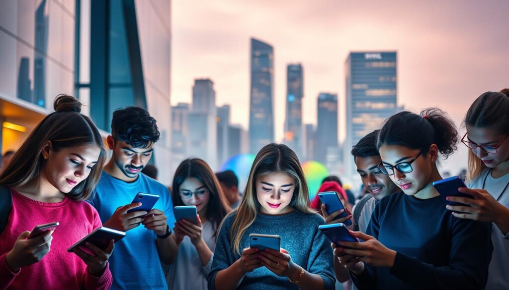 A vibrant scene of Gen Z individuals immersed in the digital world, set against a backdrop of sleek, minimalist architecture. In the foreground, a diverse group of young adults engrossed in their smartphones, tablets, and laptops, their faces illuminated by the glow of the screens. In the middle ground, a dynamic interplay of colors and shapes, representing the rapid advancements in technology that define this generation. The background features a sophisticated, glass-and-steel cityscape, symbolic of the futuristic financial landscape they navigate. The lighting is soft and diffused, creating a sense of warmth and modernity. The overall composition conveys the intertwined nature of Gen Z's financial behaviors and their deep integration with technology.