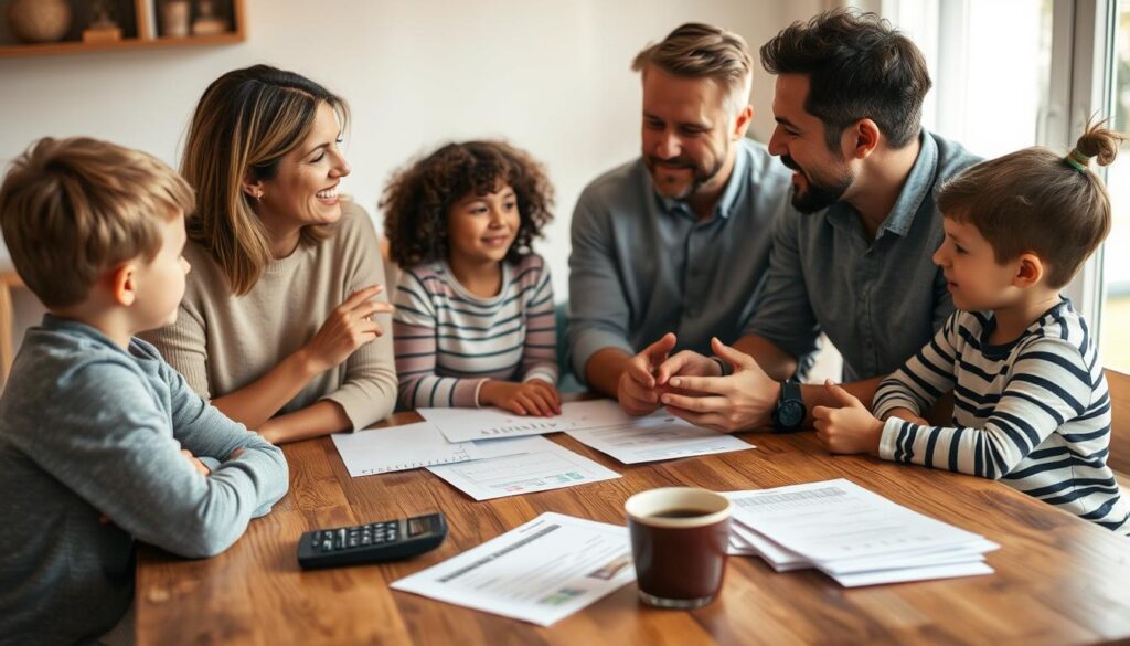 Uma reunião familiar calorosa e acolhedora em torno de uma mesa de madeira, discutindo finanças de maneira descontraída e aberta. Em primeiro plano, uma mãe e um pai conversam seriamente, gesticulando enquanto compartilham ideias. Seus dois filhos, um menino e uma menina, ouvem atentamente, com expressões curiosas e envolvidas. No plano intermediário, espalham-se documentos financeiros, uma calculadora e uma xícara de café, criando uma sensação de discussão com propósito. O fundo está suavemente desfocado, sugerindo um ambiente doméstico aconchegante, com luz natural entrando pela janela. O clima geral é de harmonia, compreensão e compromisso compartilhado com o bem-estar financeiro da família.