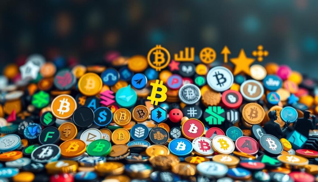 Vibrant collection of cryptocurrency icons arranged in a visually striking grid layout. Foreground features a diverse array of digital coin symbols, logos, and silhouettes against a blurred, gradient background. The composition exudes a sense of technological innovation and financial dynamism. Lighting is soft and diffused, creating depth and emphasizing the 3D-like nature of the crypto assets. The overall mood is one of optimism, progress, and the transformative potential of the cryptocurrency landscape.