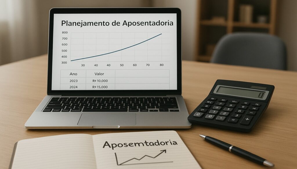 Mesa de trabalho organizada com caderno e planilha de aposentadoria, ilustrando um plano de investimento detalhado.