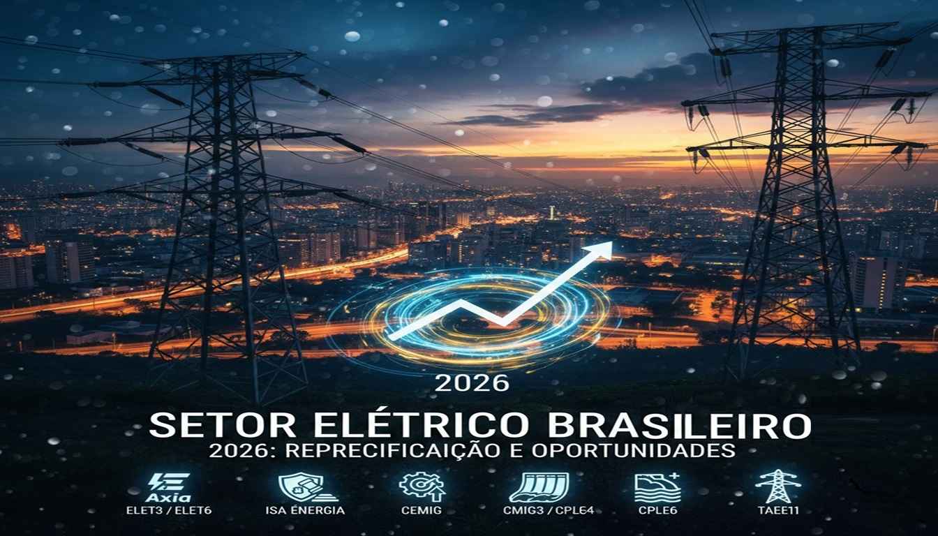 Panorama do setor elétrico brasileiro em 2026 com torres de transmissão ao entardecer e gráfico de crescimento, destacando as melhores ações elétricas para investir.