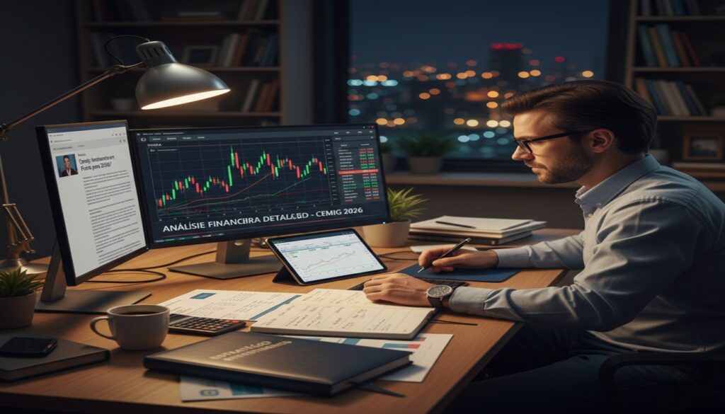 Homem em um escritório doméstico à noite, focado na análise técnica das ações da Cemig em múltiplos monitores. A cena exibe gráficos de velas (candlesticks) e anotações financeiras, transmitindo profissionalismo e estudo de mercado.