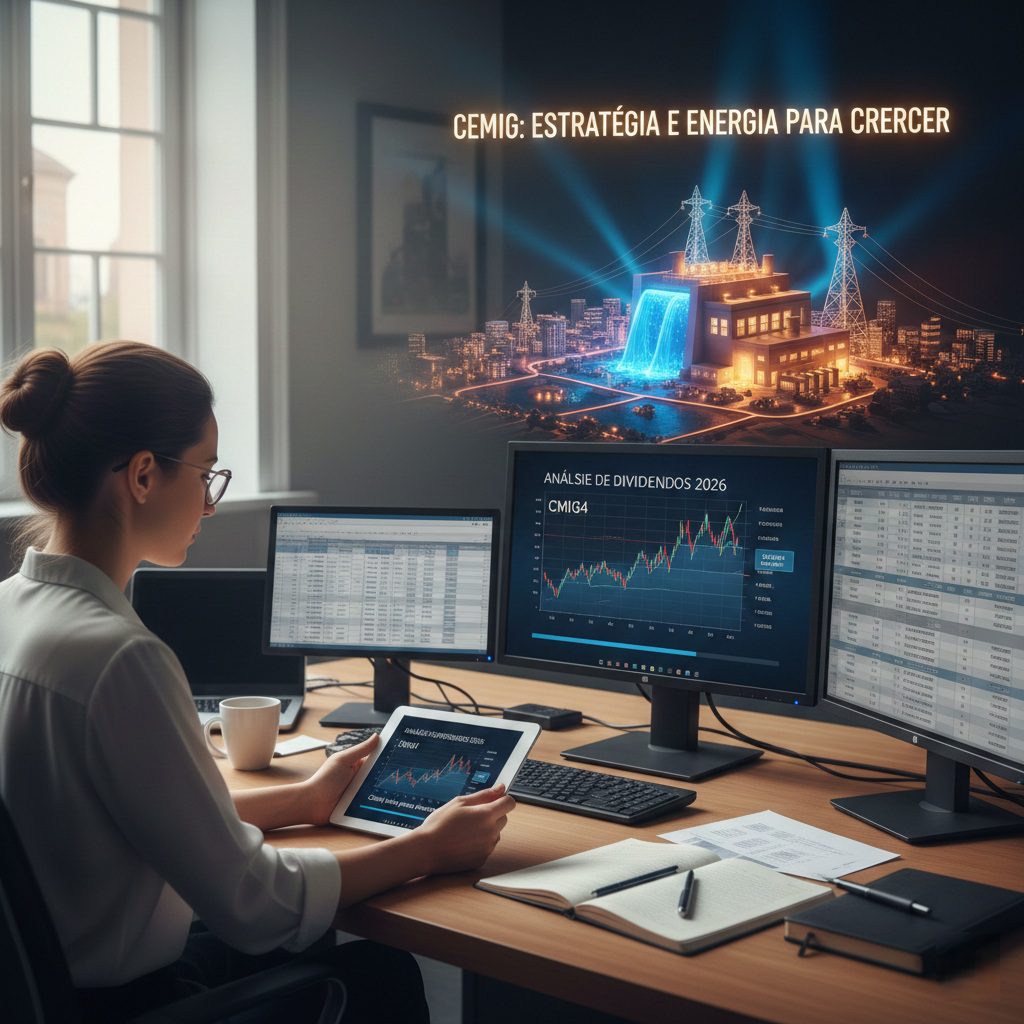 Uma investidora analisa gráficos de dividendos da CMIG4 em um escritório moderno, enquanto uma projeção holográfica de uma usina hidrelétrica iluminada e o logotipo da Cemig Cemig vale a pena investir em 2026