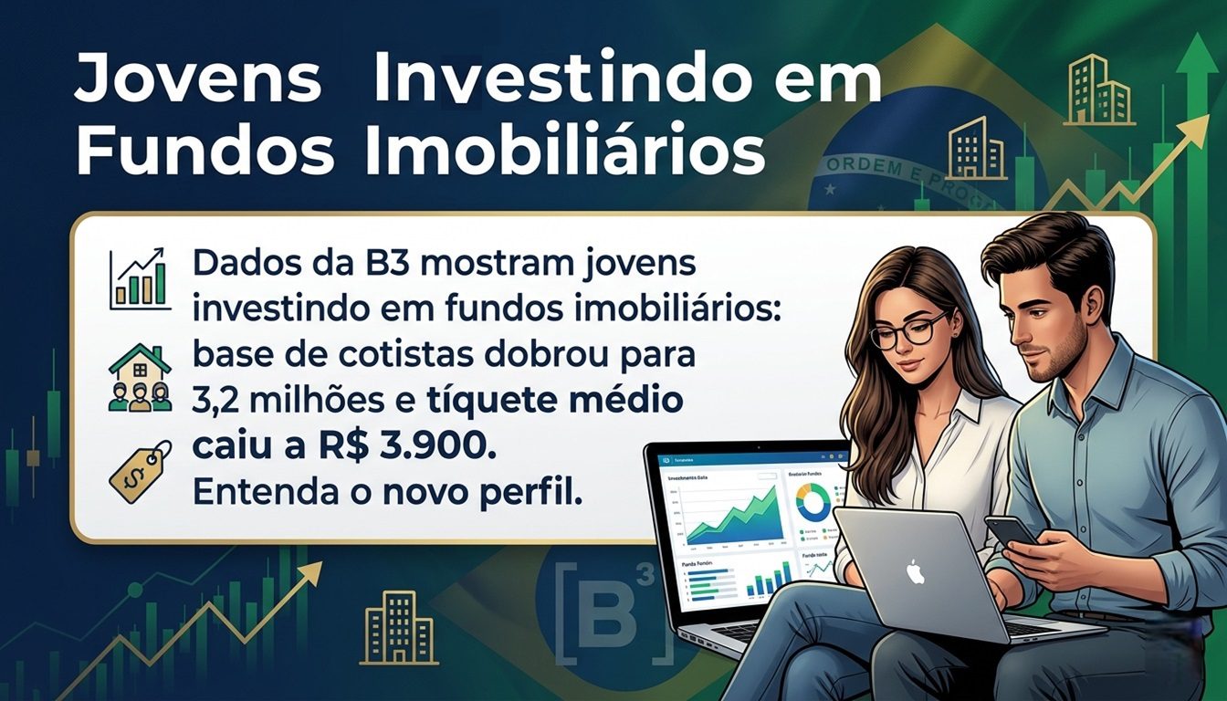 Capa do artigo: jovens investindo em fundos imobiliários – base de cotistas dobrou para 3,2 mi e tíquete médio caiu a R$ 3.900.