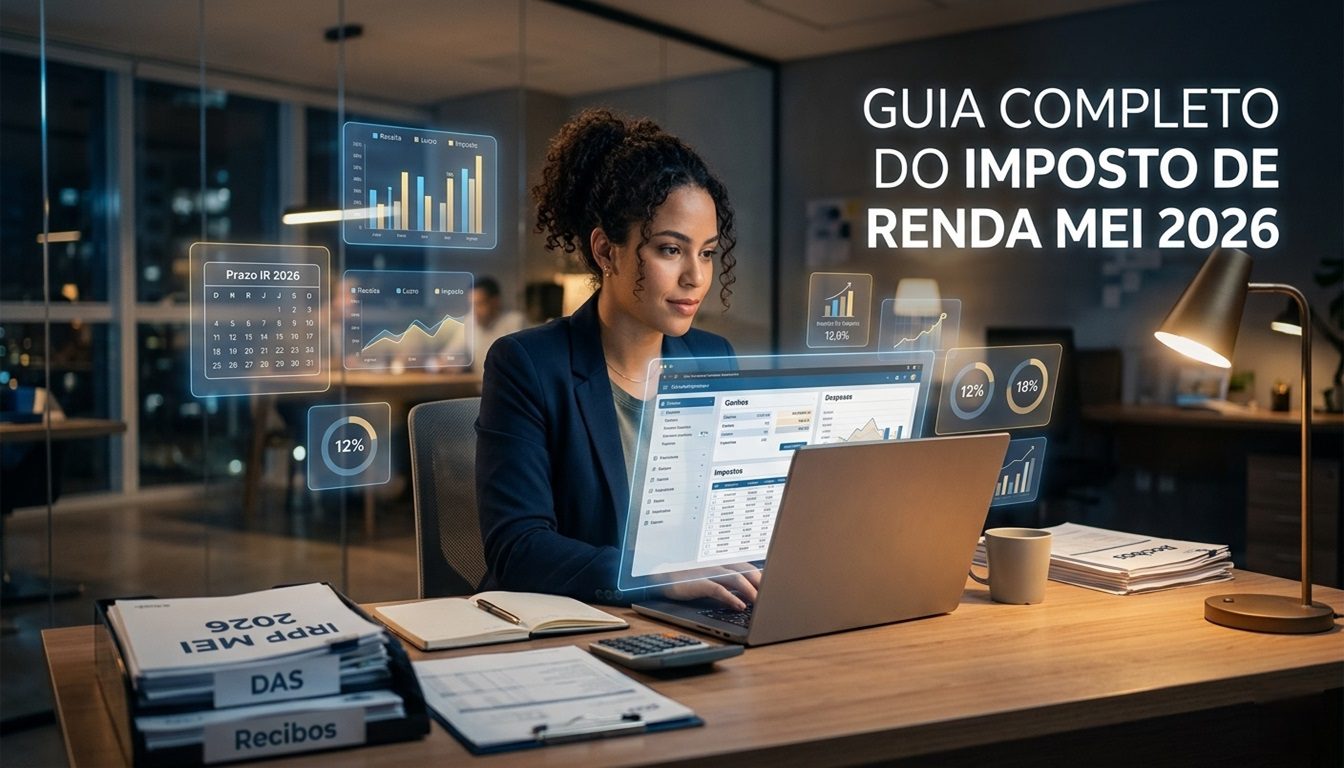 Microempreendedor(a) revisando documentos e gráficos digitais, representando organização financeira e declaração de impostos para MEIs em 2026.