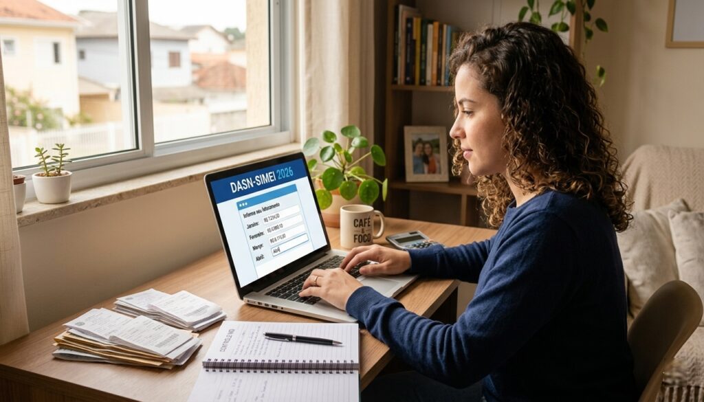 Microempreendedor(a) preenchendo a DASN-SIMEI 2026 no computador em casa, com mesa organizada e luz natural, demonstrando ação prática de declaração de impostos.