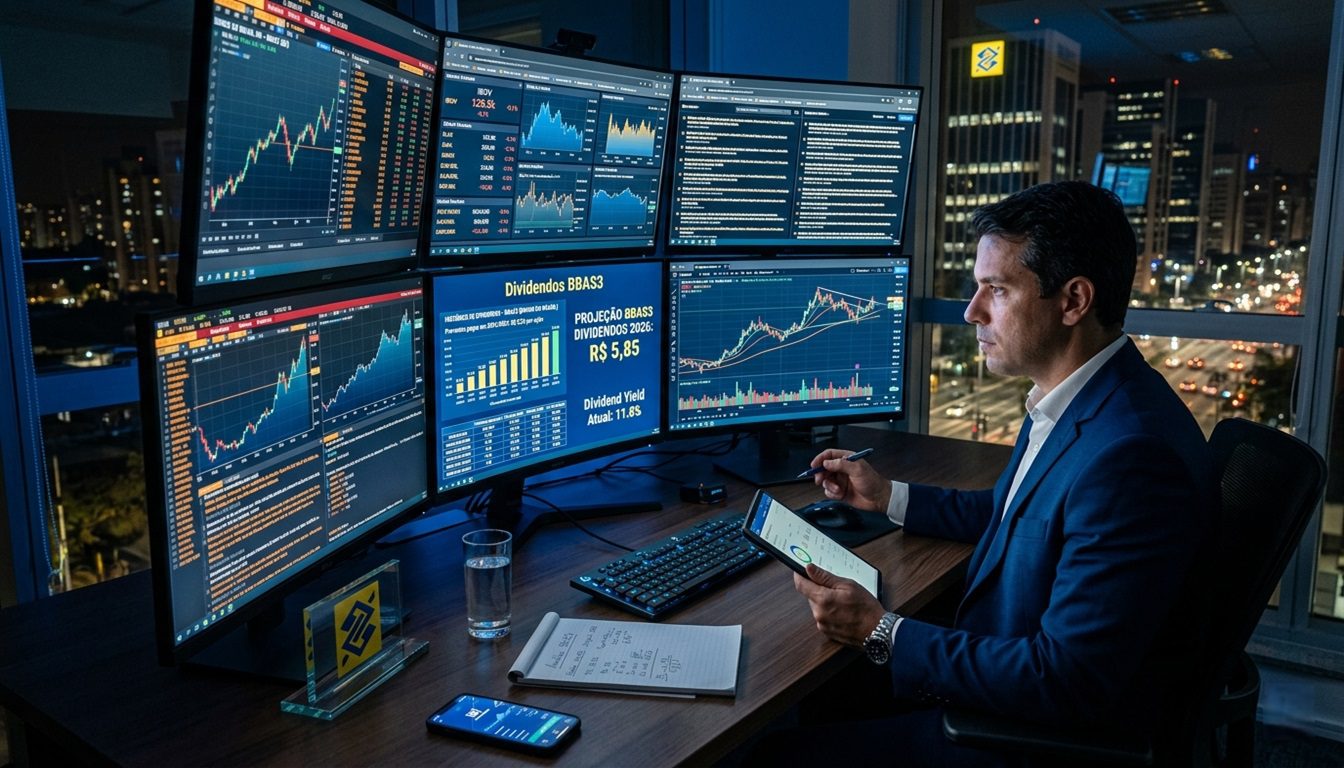 Investidor analisa gráficos financeiros em telas modernas enquanto acompanha dividendos do Banco do Brasil. A cena transmite estratégia financeira e foco em investimentos de longo prazo.