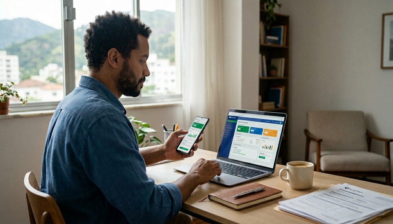 Pessoa consultando a restituição do imposto de renda em dispositivos digitais em um ambiente de home office organizado e iluminado naturalmente.