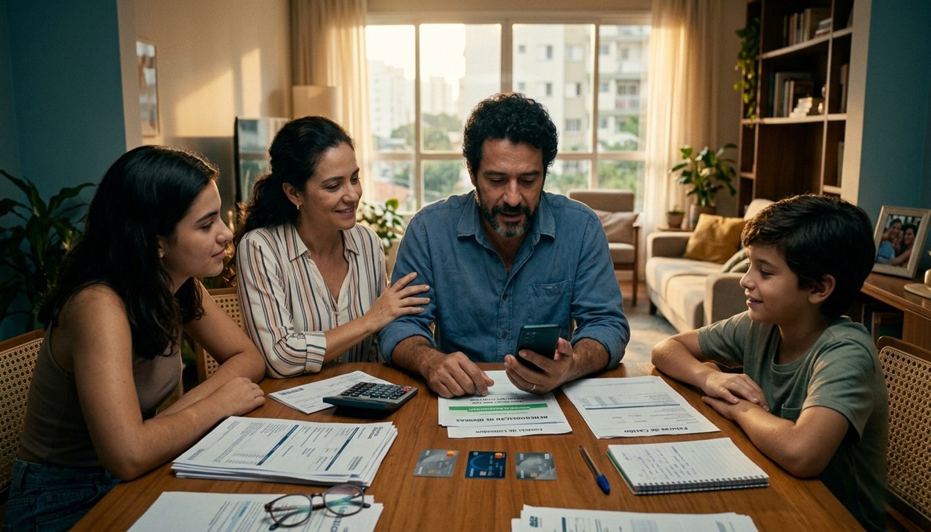 Família brasileira analisando contas e documentos financeiros em ambiente doméstico, simbolizando reorganização de dívidas e recuperação financeira com clima de esperança.