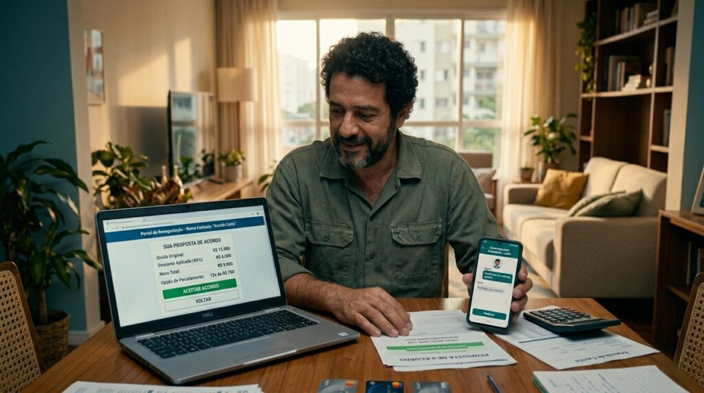 Pessoa utilizando notebook e celular para renegociar dívidas online, em ambiente doméstico iluminado pela luz natural, representando ação prática de organização financeira.