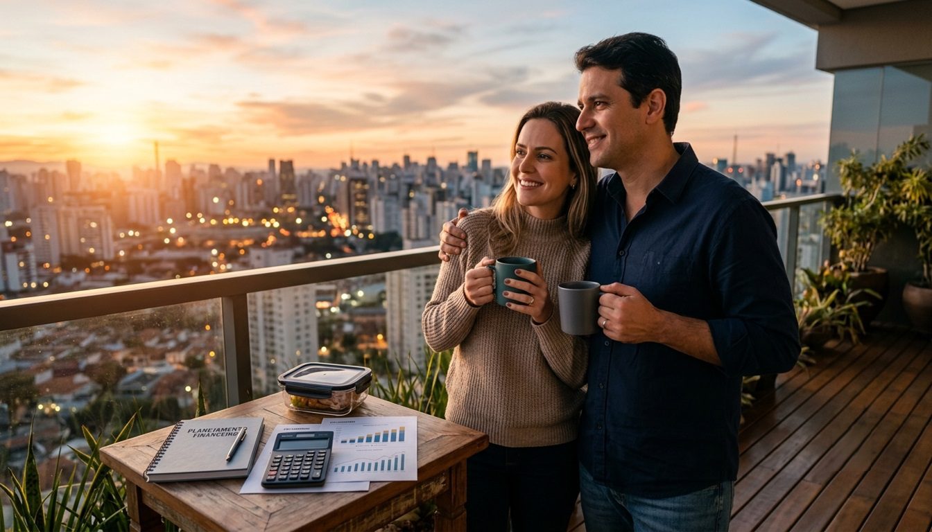 Um casal aprecia o nascer do sol enquanto observa um planejamento financeiro sobre a mesa. A cena representa a conquista da aposentadoria antecipada por meio de disciplina, economia e investimentos.