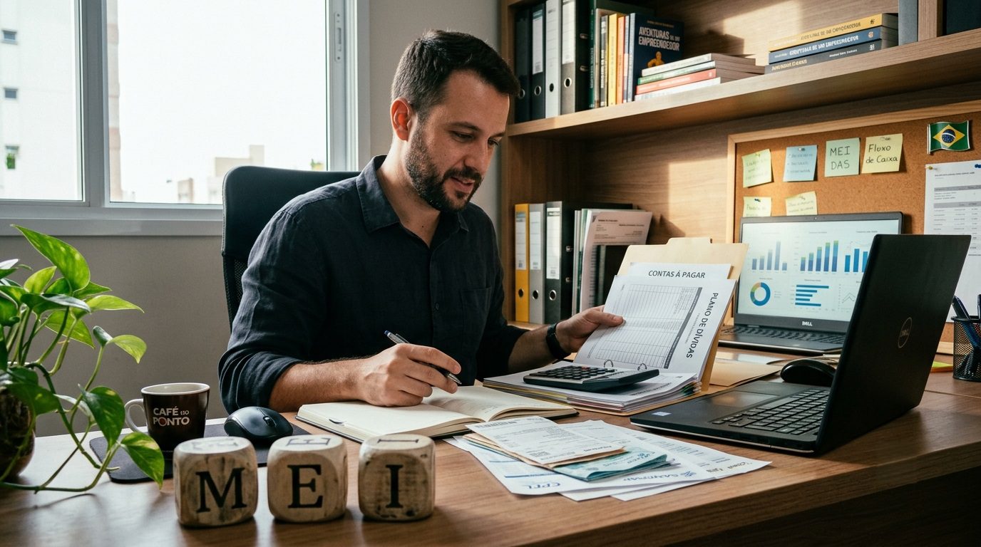 Microempreendedor brasileiro em escritório analisando finanças, simbolizando reorganização de dívidas e planejamento financeiro com clima cinematográfico.