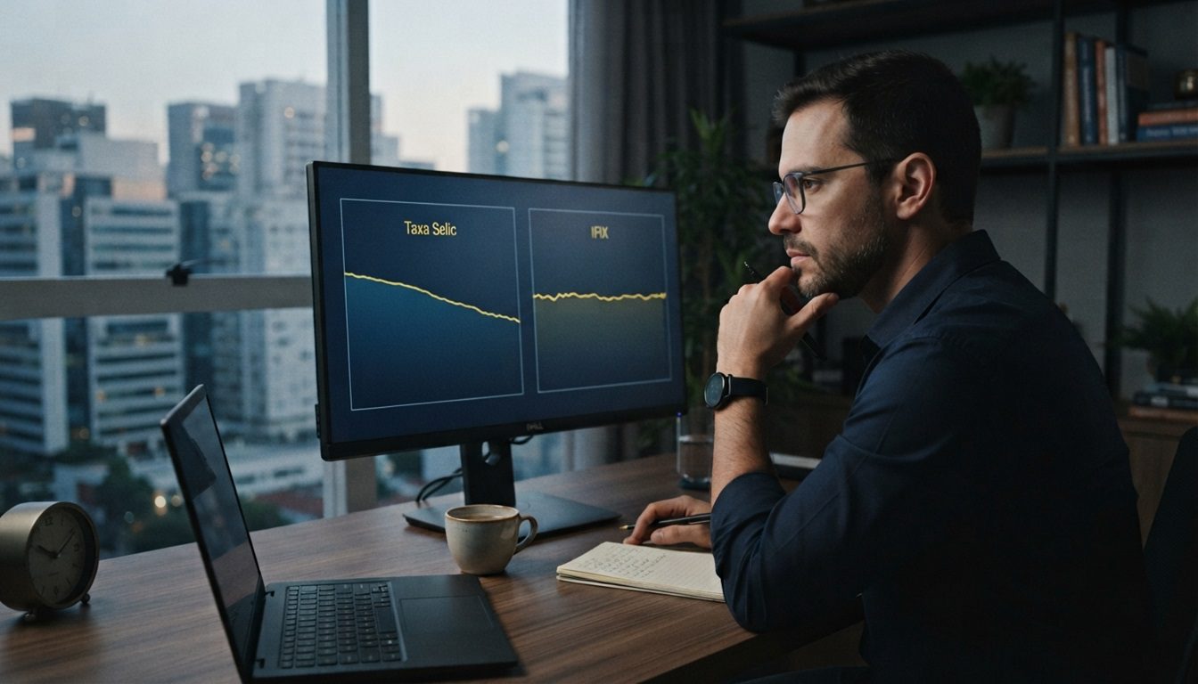 Investidor analisa gráficos financeiros enquanto acompanha o cenário de juros e fundos imobiliários. Ao fundo, edifícios comerciais reforçam a relação entre mercado financeiro e setor imobiliário.
