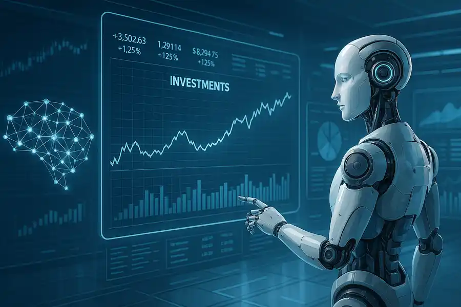 Impacto da inteligência artificial impactando no mercado financeiro e tomada de decisão. Visão futurista