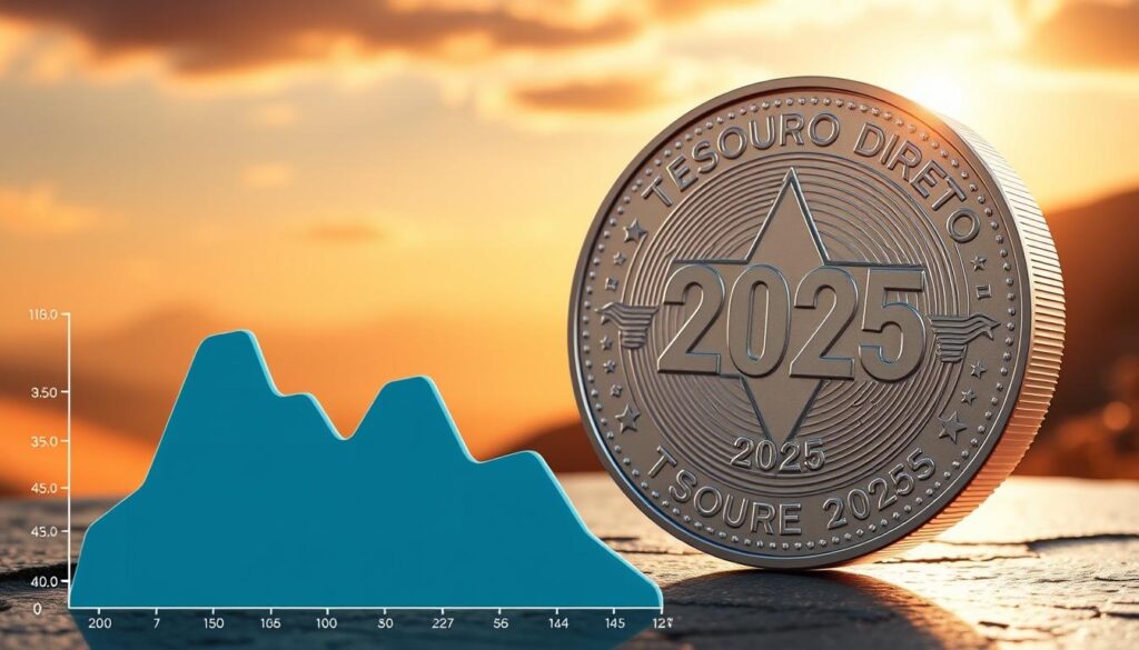A breathtaking visualization of Brazil's "Tesouro Direto" government bonds, showcasing their projected returns for 2025. Against a backdrop of a warm, sun-drenched landscape, a sleek, high-resolution 3D model of a Tesouro Direto bond takes center stage, its metallic surface gleaming under the soft, diffused lighting. The bond's intricate details are meticulously rendered, conveying a sense of solidity and reliability. In the foreground, a simplified chart or graph presents the bond's projected yield, inviting the viewer to explore the investment's potential. The overall composition strikes a balance between technical precision and visual appeal, seamlessly integrating the financial data with a visually captivating presentation.