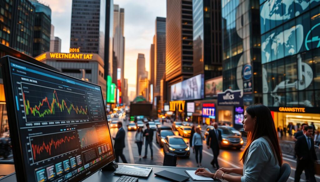 A bustling financial district, with sleek skyscrapers and busy streets. In the foreground, a desk with a computer screen displaying complex charts and graphs, representing the integration of artificial intelligence in financial analytics. The middle ground showcases a team of financial analysts, their faces illuminated by the glow of their screens, deep in concentration as they study the data. In the background, a cityscape filled with towering buildings, conveying the scale and impact of AI-driven financial innovations. The scene is bathed in a warm, golden light, suggesting the potential for growth and prosperity through the power of artificial intelligence in the world of finance.