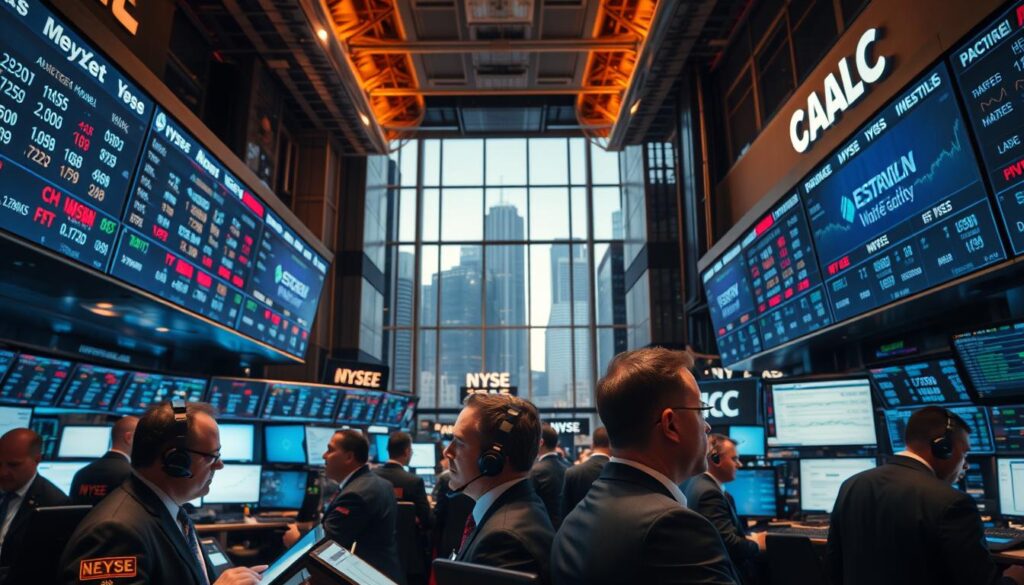 A bustling trading floor with brokers actively engaged in buying and selling stocks on electronic trading screens. Warm overhead lighting casts a dynamic glow across the scene, highlighting the intensity of the real-time transactions. In the foreground, a group of traders in business attire intently monitor stock tickers and communicate via headsets, their faces etched with concentration. The middle ground features a large digital display board showcasing fluctuating share prices and market indices. In the background, a panoramic view of the city skyline is visible through towering windows, emphasizing the global interconnectedness of the financial markets. The overall atmosphere conveys the high-stakes, fast-paced nature of the stock exchange.