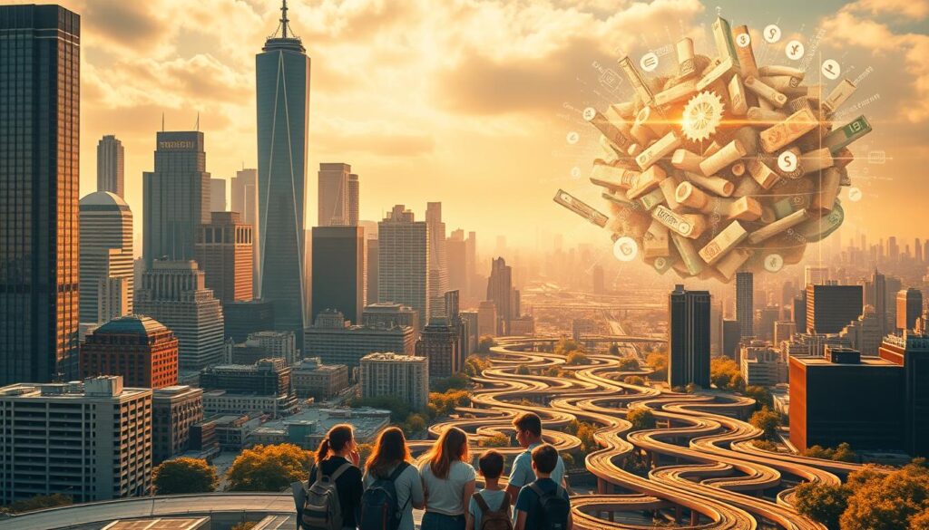 A busy cityscape with towering skyscrapers and bustling streets, reflecting the challenges of implementing financial education. In the foreground, a group of students gathered around a teacher, engaged in a lively discussion. The middle ground features a maze of winding pathways, symbolizing the complexities of integrating financial literacy into the curriculum. In the background, a swirling cloud of data and financial symbols, hinting at the vast and ever-changing landscape of personal finance. Warm, golden lighting casts a contemplative mood, as the scene conveys the importance of overcoming the obstacles to provide students with the essential tools for financial success.
