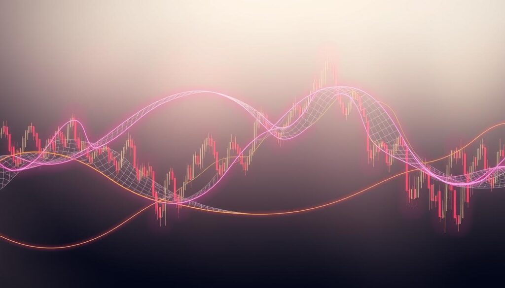 A imagem visualiza o fluxo dinâmico dos mercados financeiros, com linhas vibrantes e formas que representam os padrões de preços. As curvas e os picos refletem os fatores psicológicos e técnicos dos ciclos de mercado. A composição, com iluminação suave, transmite movimento e profundidade, criando uma atmosfera reflexiva e instigante que complementa o conceito dos ciclos financeiros.