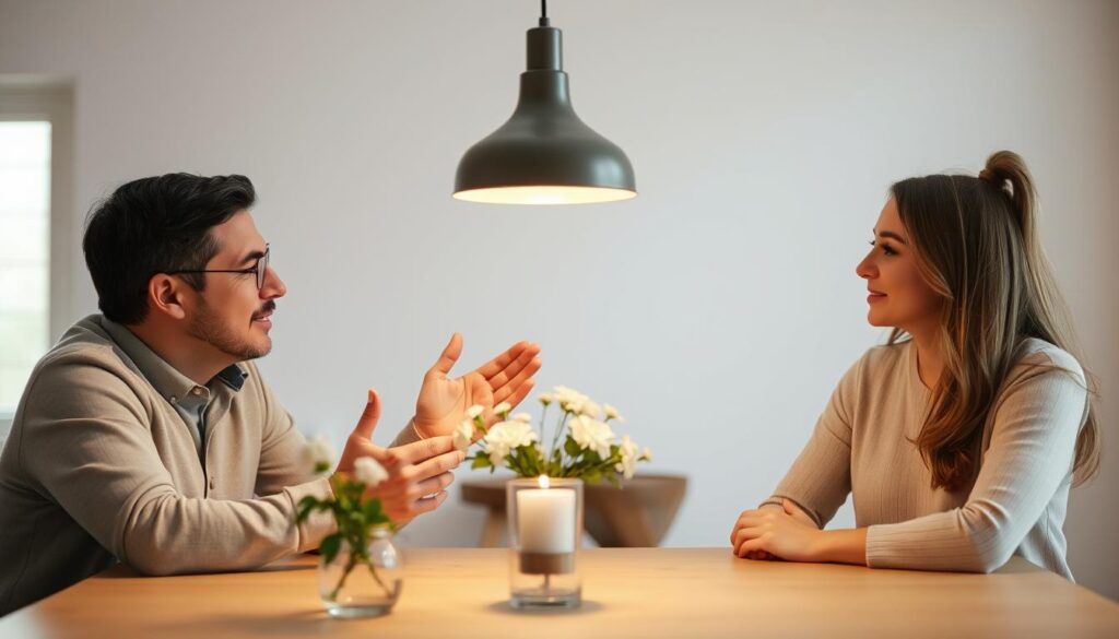 Um casal sentado à mesa da cozinha, engajados em uma discussão reflexiva, com os rostos iluminados pela luz suave de um pendente acima. O marido gesticula com as mãos enquanto fala, enquanto a esposa ouve atentamente, com um olhar de compreensão no rosto. A mesa está adornada com uma decoração simples, mas elegante, como um vaso de flores frescas e uma única vela sem acender, criando uma atmosfera aconchegante e íntima. O quarto está banhado em uma luz suave e difusa, oferecendo uma sensação de calma e tranquilidade à cena. A linguagem corporal e as expressões faciais do casal transmitem uma sensação de comunicação aberta e confiança, refletindo a importância do diálogo financeiro em um relacionamento bem-sucedido.