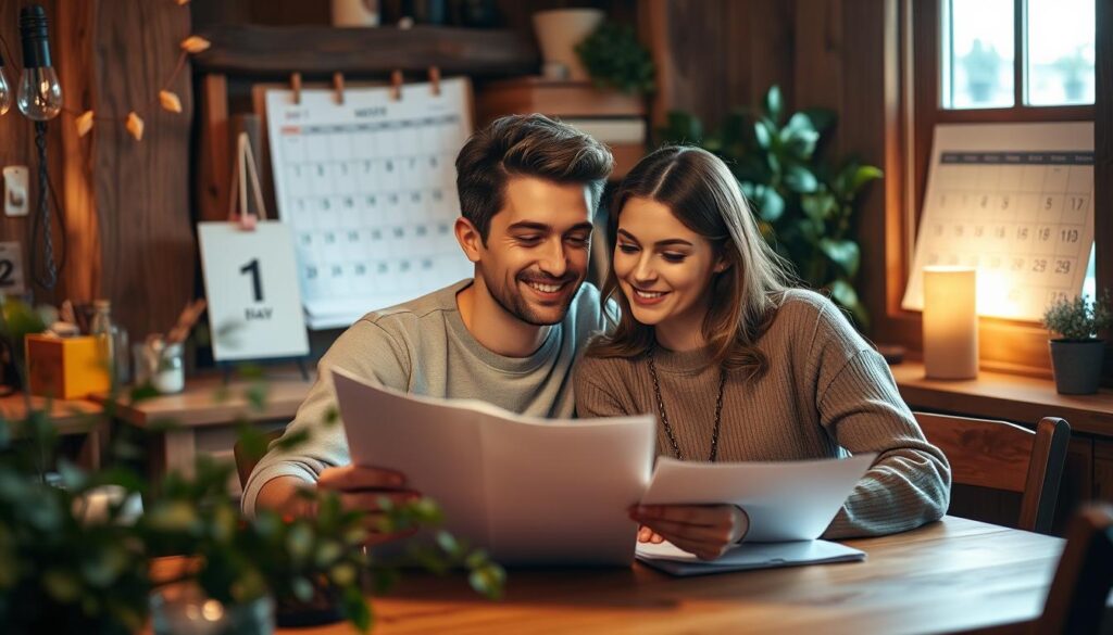 Uma cena aconchegante e rústica que retrata um jovem casal sentado junto, revisando seus objetivos financeiros e planos para o futuro. Uma iluminação suave e quente ilumina a cena, criando uma atmosfera de intimidade e colaboração. O casal está sentado a uma mesa de madeira, cercado por folhagens e elementos naturais, simbolizando crescimento e prosperidade. Suas expressões são pensativas, mas esperançosas, enquanto discutem suas aspirações financeiras compartilhadas - aposentadoria, poupança e investimentos. Ao fundo, um calendário com o mês e o ano atuais é visível, enfatizando a natureza voltada para o futuro de seu planejamento financeiro. A composição geral transmite um senso de harmonia, unidade e uma visão compartilhada para seu futuro financeiro como casal.