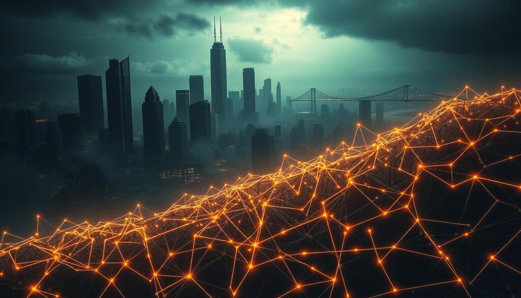 A dark, ominous city skyline with towering skyscrapers and crumbling infrastructure, casting long shadows across a turbulent, glowing cityscape. In the foreground, a tangled web of digital transactions and smart contracts, depicted as a complex maze of glowing lines and distorted geometrical shapes. The scene is illuminated by an eerie, neon-tinged light, creating an atmosphere of unease and uncertainty. The overall composition conveys the inherent risks and vulnerabilities of the decentralized finance (DeFi) ecosystem, where the promise of innovation is overshadowed by the potential for instability and collapse.