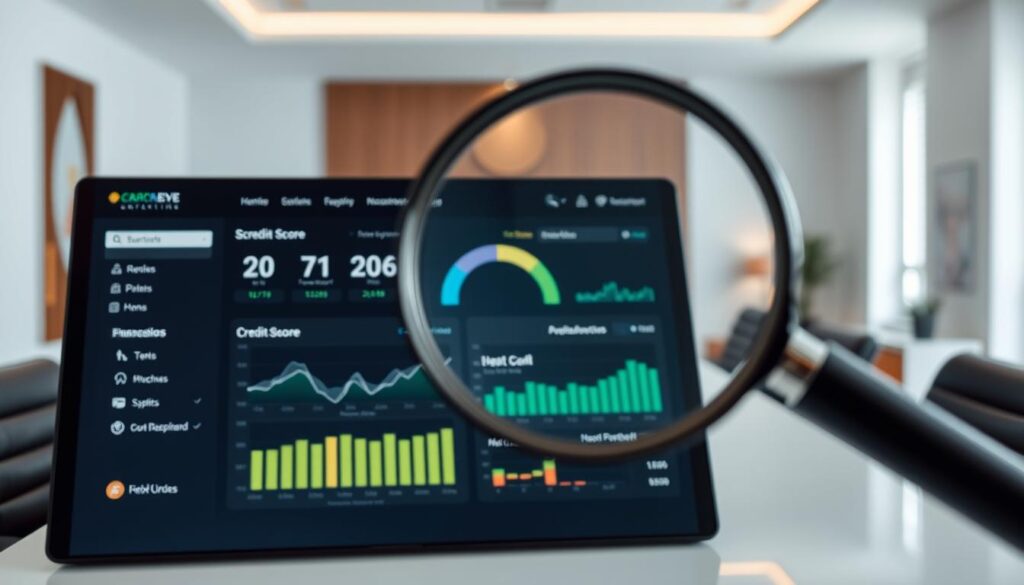 A detailed and carefully composed image of "Score de Crédito e Histórico Financeiro". In the foreground, a sleek and modern financial dashboard displays a credit score prominently, with various metrics and charts illustrating the user's financial history. The middle ground features a magnifying glass hovering over the dashboard, emphasizing the importance of understanding one's credit score. In the background, a minimalist and elegant office setting, with clean lines and soft lighting, creates a professional and authoritative atmosphere. The overall scene conveys a sense of precision, control, and the pivotal role credit plays in personal finance.