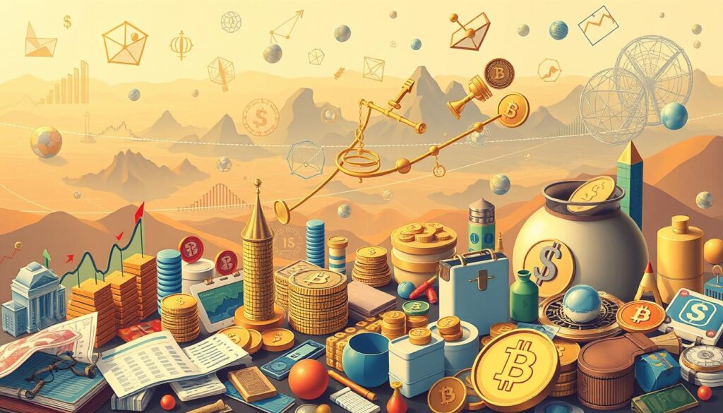 A detailed illustration depicting strategies to combat inflation. In the foreground, a diverse array of financial instruments and savings vehicles, such as stocks, bonds, precious metals, and cryptocurrency wallets, symbolizing different investment options. In the middle ground, a series of visual metaphors representing economic concepts like diversification, risk management, and long-term planning. The background features a landscape of abstract geometric shapes and patterns, conveying the complex, interconnected nature of the financial system. The overall scene is bathed in a warm, golden light, evoking a sense of stability and optimism in the face of economic challenges.