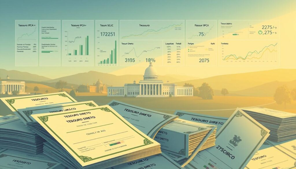 A detailed technical illustration depicting various types of Brazilian government bonds available through the Tesouro Direto program in 2025. The foreground shows a collection of bond certificates with clear labels for different bond types such as Tesouro IPCA+, Tesouro SELIC, and Tesouro Prefixado. The middle ground showcases financial charts and graphs illustrating the key features and performance of each bond. The background features a minimalist landscape with architectural elements representing the government financial system. The scene is lit by warm, directional lighting that casts subtle shadows, creating depth and emphasizing the technical nature of the subject matter. The overall mood is one of informative sophistication, designed to educate viewers about the Tesouro Direto investment options.