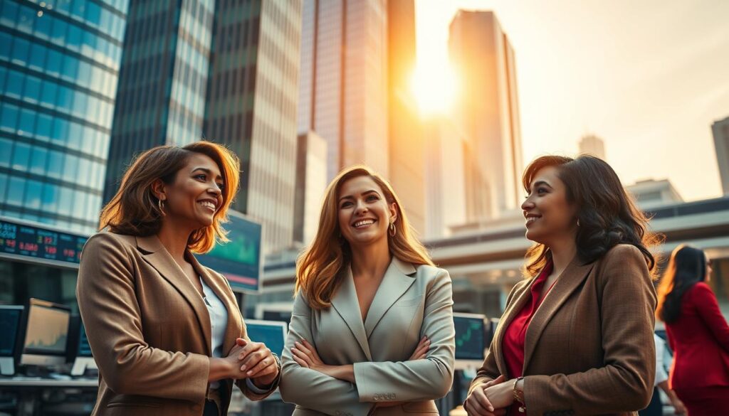 Um grupo diversificado de mulheres vestidas profissionalmente, em pé com confiança em um moderno distrito financeiro. Em primeiro plano, três mulheres de diferentes idades e etnias, envolvidas em uma discussão animada, com expressões que transmitem determinação e ambição. No plano médio, uma movimentada sala de negociações com telas de computador e gráficos financeiros, criando uma sensação de um ambiente dinâmico e de alto risco. Ao fundo, arranha-céus imponentes, refletindo os raios do sol, simbolizando o poder e a influência das mulheres no setor financeiro. Uma iluminação quente e dourada ilumina a cena, evocando uma sensação de empoderamento e progresso. A atmosfera geral transmite a mensagem de mulheres quebrando barreiras e prosperando em um mundo de finanças tradicionalmente dominado por homens.