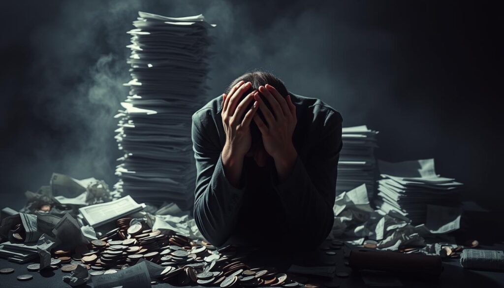 Uma cena dramática e de alto contraste que retrata o pesado fardo da dívida sobre o bem-estar mental. Em primeiro plano, uma figura curvada, com as mãos unidas à cabeça, sobrecarregada por uma pilha imensa de contas e documentos financeiros que lançam sombras ameaçadoras. O meio da cena mostra um emaranhado caótico de moedas, cartões de crédito e papéis amassados, criando uma sensação de turbulência financeira. O fundo está envolto em uma atmosfera nebulosa e sombria, transmitindo o estresse e a ansiedade pervasivos das dificuldades financeiras. Uma iluminação dramática de uma fonte invisível projeta sombras impactantes, enfatizando o peso e a pressão da situação. O clima geral é de ansiedade, desespero e o custo psicológico da pressão financeira.