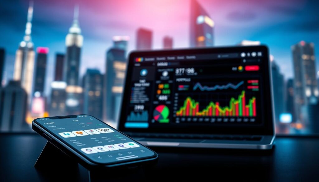 A dynamic and vibrant scene of online investments in digital banks. In the foreground, a smartphone display showcases a sleek, modern banking app interface, with intuitive navigation and data visualizations. In the middle ground, a laptop screen displays a portfolio dashboard, with colorful charts and graphs illustrating investment performance. The background features a blurred cityscape, with towering skyscrapers and a vibrant, neon-lit skyline, hinting at the fast-paced, technologically-driven world of digital finance. The lighting is sharp and crisp, with strategic use of highlights and shadows to create depth and a sense of depth. The overall mood is one of innovation, efficiency, and financial empowerment.
