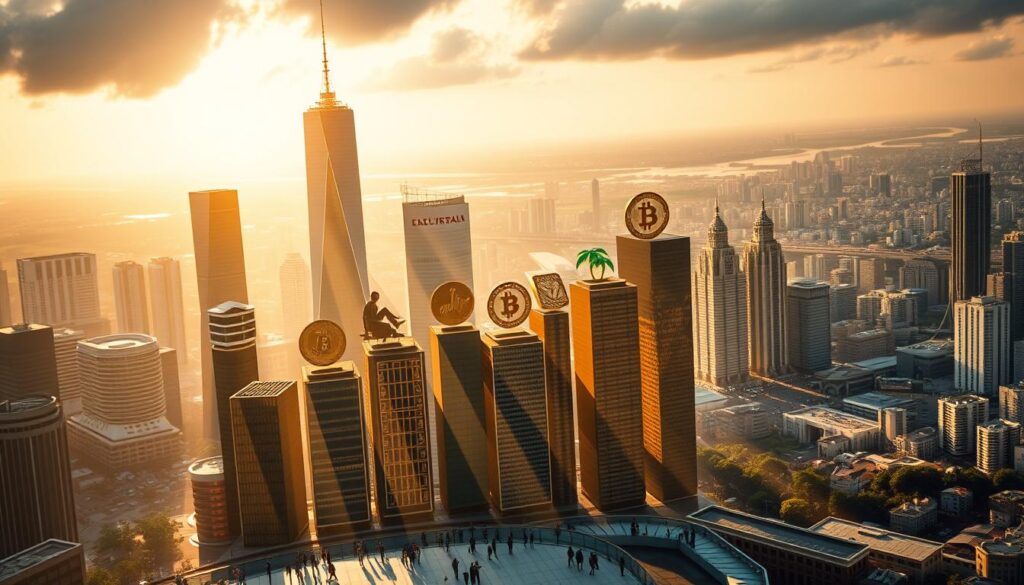 A dynamic cityscape with towering skyscrapers and gleaming financial towers, illuminated by warm, golden light. In the foreground, a diverse array of alternative investment symbols - cryptocurrencies, precious metals, real estate icons, and emerging green energy assets - rise up, casting long shadows and conveying a sense of growth and opportunity. The middle ground features a bustling trading floor, with people actively engaged in transactions, while the background showcases a sprawling metropolis, hinting at the broader global economy. The scene exudes a mood of innovation, optimism, and financial empowerment, capturing the essence of "Investimentos Alternativos em Ascensão."
