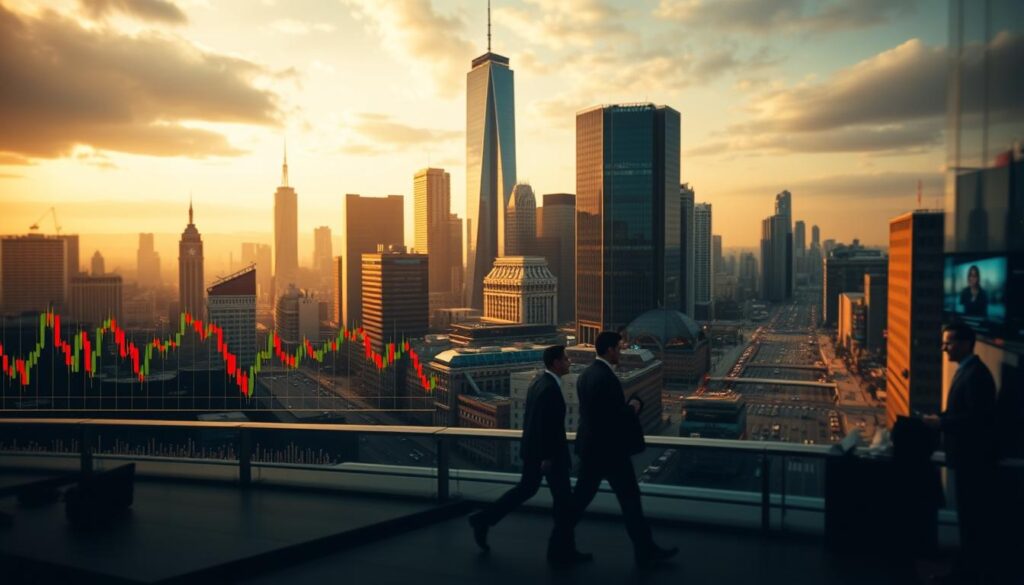 A dynamic financial landscape unfolds, with a timeline of stock market evolution. In the foreground, a series of candlestick charts and stock tickers rhythmically pulse, reflecting the rise and fall of share prices over the decades. The middle ground features silhouettes of traders and analysts, their movements conveying the intensity of market activity. In the background, a cityscape of towering skyscrapers and bustling streets sets the scene, bathed in a warm, golden glow that evokes a sense of progress and prosperity. The composition is crisp, with a cinematic depth of field, capturing the essence of the stock market's ever-changing narrative.