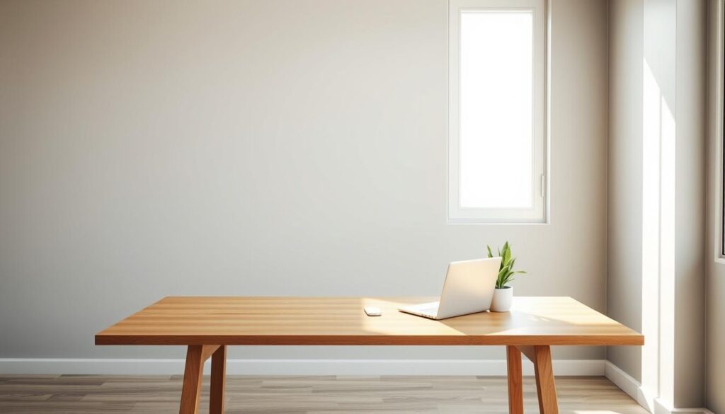A minimalist financial lifestyle, a serene and uncluttered interior with muted tones and clean lines. A wooden table, simple yet elegant, against a backdrop of soft gray walls. Sunlight streams in through a large window, casting a warm glow on the scene. A single potted plant adds a touch of nature, while a sleek laptop and a few carefully selected items sit on the table, symbolizing the essentials of a focused, intentional approach to finance. The overall atmosphere conveys a sense of simplicity, calm, and control, reflecting the core principles of financial minimalism.