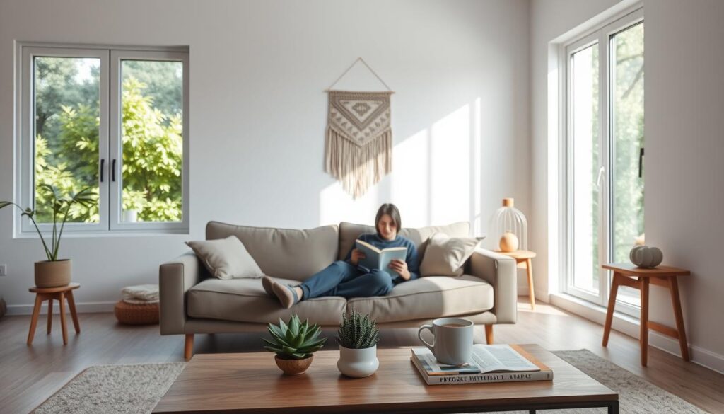 A minimalist living room with natural light streaming through large windows, casting a warm glow on a simple, uncluttered interior. In the foreground, a person sits on a comfortable, low-profile couch, deeply engrossed in a book. On the coffee table, a single succulent plant and a mug of hot tea, emblematic of a conscious, intentional lifestyle. The middle ground features a few carefully selected decor pieces, such as a geometric wall hanging and a wooden side table, conveying a sense of mindfulness and purpose. The background depicts a lush, verdant outdoor scene, hinting at a harmonious relationship between the interior and the natural world, a testament to the balance of "consumo consciente".