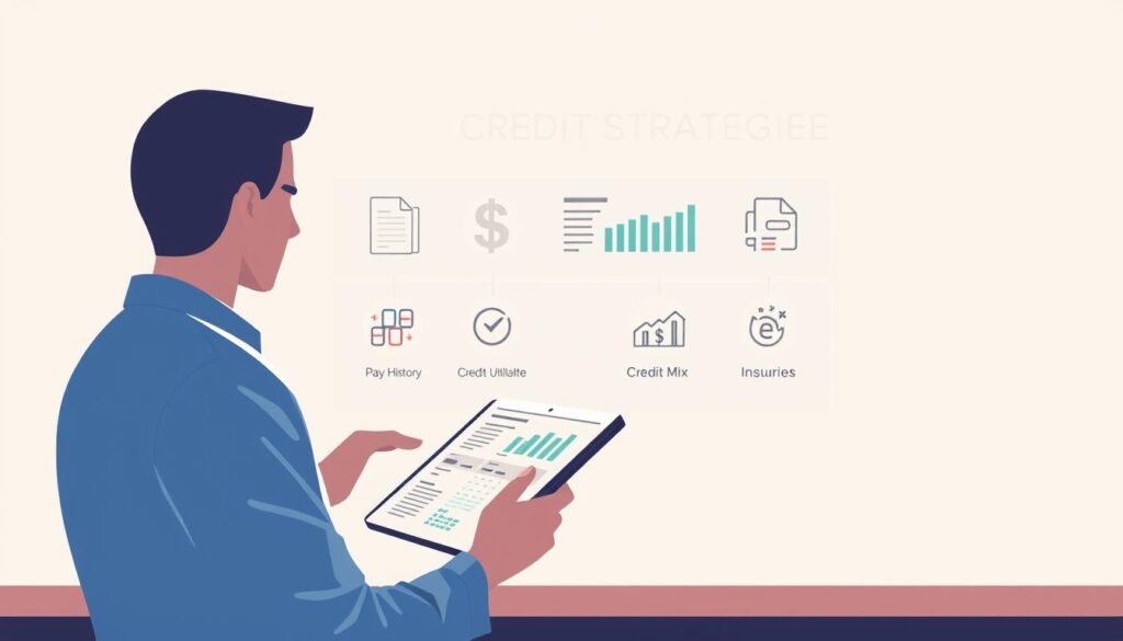 A modern, minimalist illustration depicting strategies for improving credit score. In the foreground, a person reviewing financial documents and graphs on a tablet device. The middle ground shows various icons representing key strategies such as payment history, credit utilization, credit mix, and credit inquiries. The background features a clean, geometric pattern in muted tones, creating a sense of organization and professionalism. Soft, directional lighting illuminates the scene, emphasizing the thoughtful, analytical nature of the subject matter. The overall mood is one of clarity, focus, and financial empowerment.