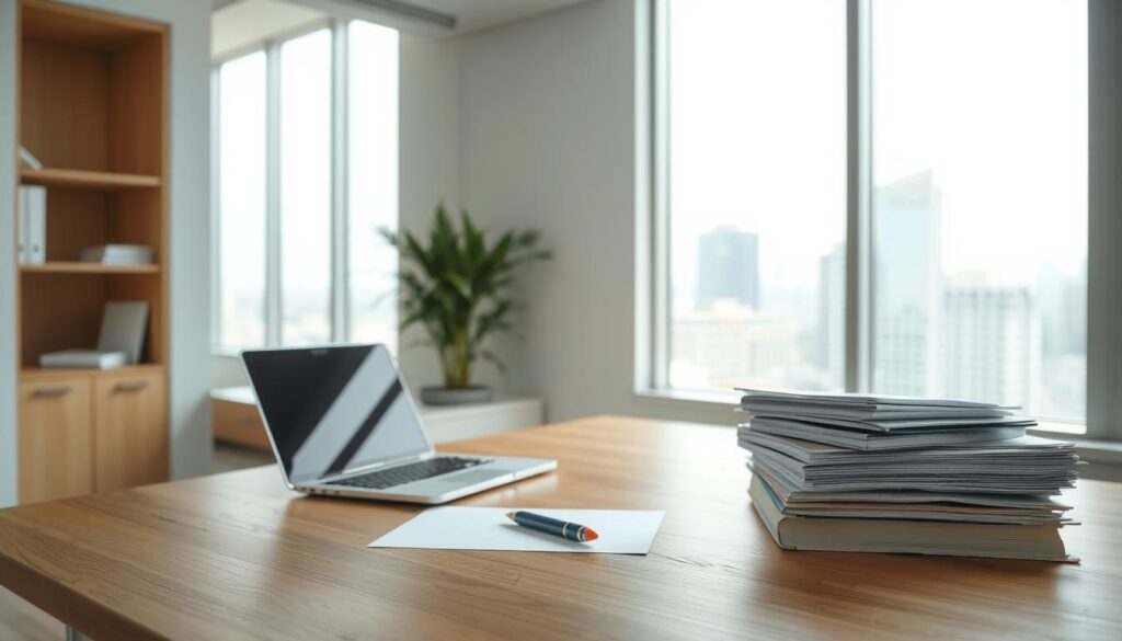 A modern office interior with a focus on the requirements for CLT (Consolidação das Leis do Trabalho) workers. The scene features a wooden desk with a laptop, pen, and stack of documents, representing the administrative tasks. In the background, a large window overlooks a cityscape, creating a bright and professional atmosphere. The lighting is soft and natural, accentuating the clean lines and minimalist design of the space. The color palette is a harmonious blend of neutral tones, with pops of subtle accent colors. The overall mood is one of organization, efficiency, and the essential elements needed for CLT employees to fulfill their responsibilities. A modern office interior with a focus on the requirements for CLT (Consolidação das Leis do Trabalho) workers. The scene features a wooden desk with a laptop, pen, and stack of documents, representing the administrative tasks. In the background, a large window overlooks a cityscape, creating a bright and professional atmosphere. The lighting is soft and natural, accentuating the clean lines and minimalist design of the space. The color palette is a harmonious blend of neutral tones, with pops of subtle accent colors. The overall mood is one of organization, efficiency, and the essential elements needed for CLT employees to fulfill their responsibilities.
