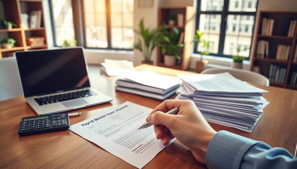 A modern office setting with natural light streaming through large windows, casting a warm glow over a wooden desk. On the desk, a laptop, a calculator, and stacks of financial documents, representing the paperwork involved in a payroll deduction loan. In the foreground, a person's hand holds a pen, symbolizing the act of signing the loan agreement. The background features bookshelves and potted plants, creating a professional and productive atmosphere. The overall composition conveys the convenience and ease of a payroll deduction loan, highlighting its advantages for the borrower.