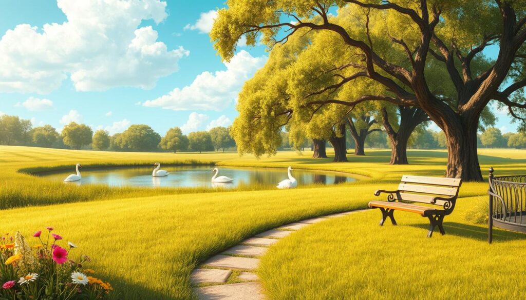 Uma ilustração serena e convidativa dos dividendos, exibindo uma bela e bem cuidada paisagem de jardim. Em primeiro plano, um gramado lush e verdejante pontilhado com flores silvestres coloridas e um caminho sinuoso levando a um charmoso banco rústico de madeira. No plano médio, um lago tranquilo reflete o céu azul e as nuvens brancas e fofas acima, com alguns cisnes graciosos deslizando sobre sua superfície. Ao fundo, uma fileira de árvores de carvalho maduras balança suavemente com uma brisa suave, suas ramificações projetando sombras salpicadas pela cena. A iluminação é quente e dourada, criando uma sensação de calma e relaxamento. O clima geral é de serenidade e prosperidade, transmitindo a essência dos dividendos como uma fonte confiável de renda de investimento.