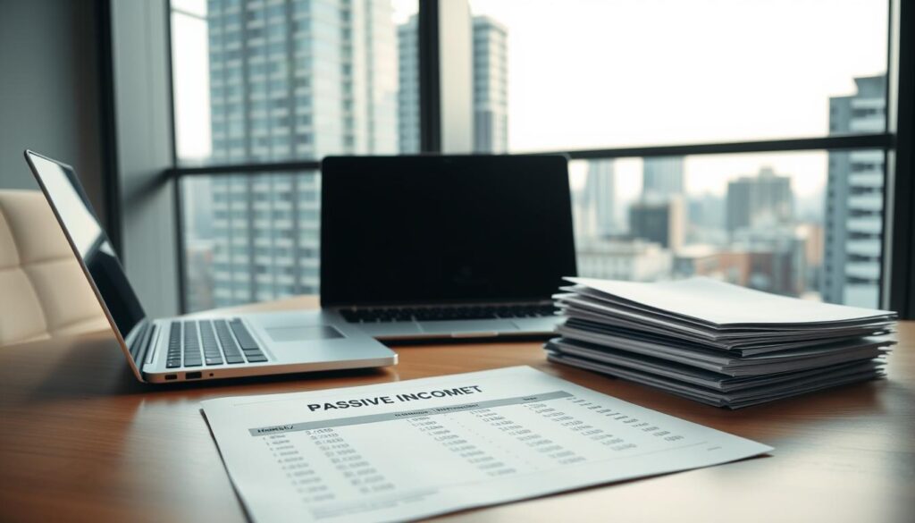 A serene and professional office setting, with a large window overlooking a modern cityscape. On the desk, a laptop, a stack of documents, and a monthly passive income statement, its figures displayed in a clear and organized layout. The lighting is soft and indirect, creating a warm, contemplative atmosphere. The angles and composition draw the viewer's eye to the key financial documents, hinting at the legal and tax implications of building a passive income stream in Brazil. The overall mood is one of careful planning, diligence, and the promise of financial freedom.