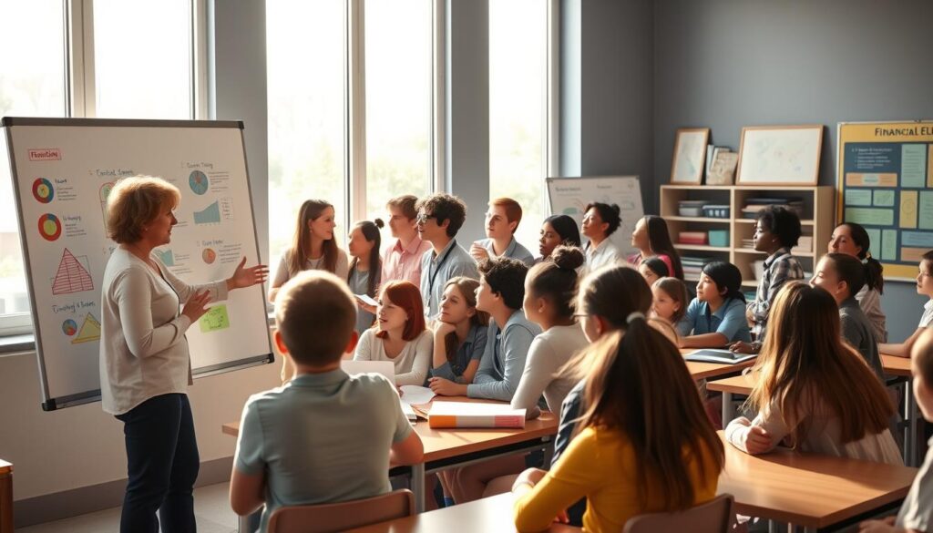 Um ambiente de sala de aula sereno, com a luz do sol entrando pelas grandes janelas, iluminando um grupo diversificado de alunos envolvidos em aulas interativas de finanças. Em primeiro plano, um professor está diante de um quadro branco, gesticulando animadamente enquanto explica conceitos financeiros usando recursos visuais e diagramas coloridos. Os alunos, de diferentes idades e origens, inclinam-se, com rostos cheios de curiosidade e atenção. No centro, pequenos grupos trabalham juntos, colaborando em exercícios de planejamento financeiro, enquanto, ao fundo, displays exibindo produtos e serviços financeiros do mundo real fornecem contexto. A atmosfera geral transmite a importância de integrar a educação financeira ao currículo escolar, capacitando mentes jovens a navegar pelas complexidades do cenário financeiro moderno.
