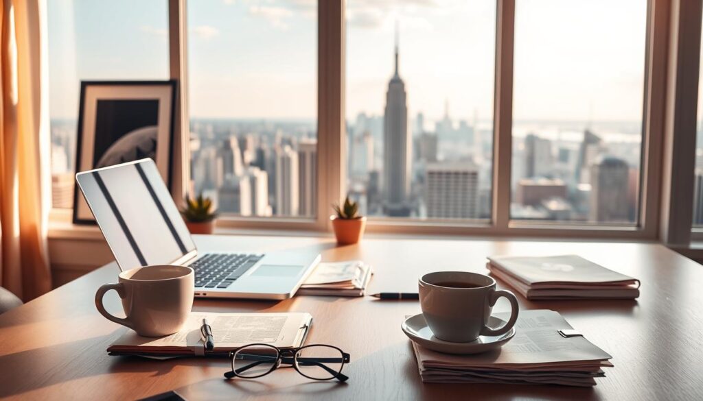 A serene home office with a laptop, smartphone, and minimalist decor, bathed in warm, natural lighting through large windows. The foreground features a neatly organized desk with a cup of coffee, a pair of eyeglasses, and a stack of documents, conveying a sense of productive digital work. In the middle ground, a potted plant and a framed art piece add subtle personal touches. The background showcases a panoramic view of a bustling city skyline, hinting at the potential for online passive income opportunities. The overall atmosphere is one of focus, comfort, and the promise of financial freedom.